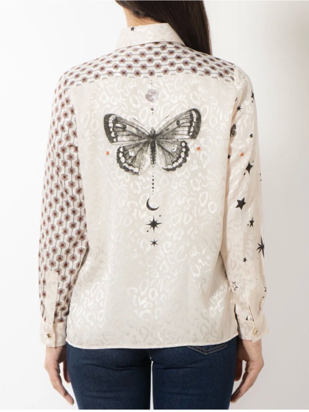 Vilagallo Mixed Print Leopard Butterfly Button-Up Blouse in Cream & Black - Picture 5 of 7